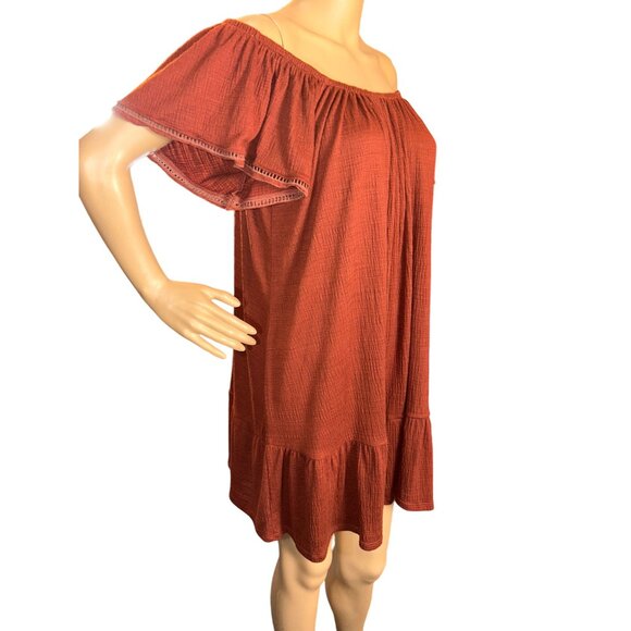 Womens Off-Shoulder Tiered Mini Dress Size S Rust Cottagecore Prairie - Picture 4 of 10